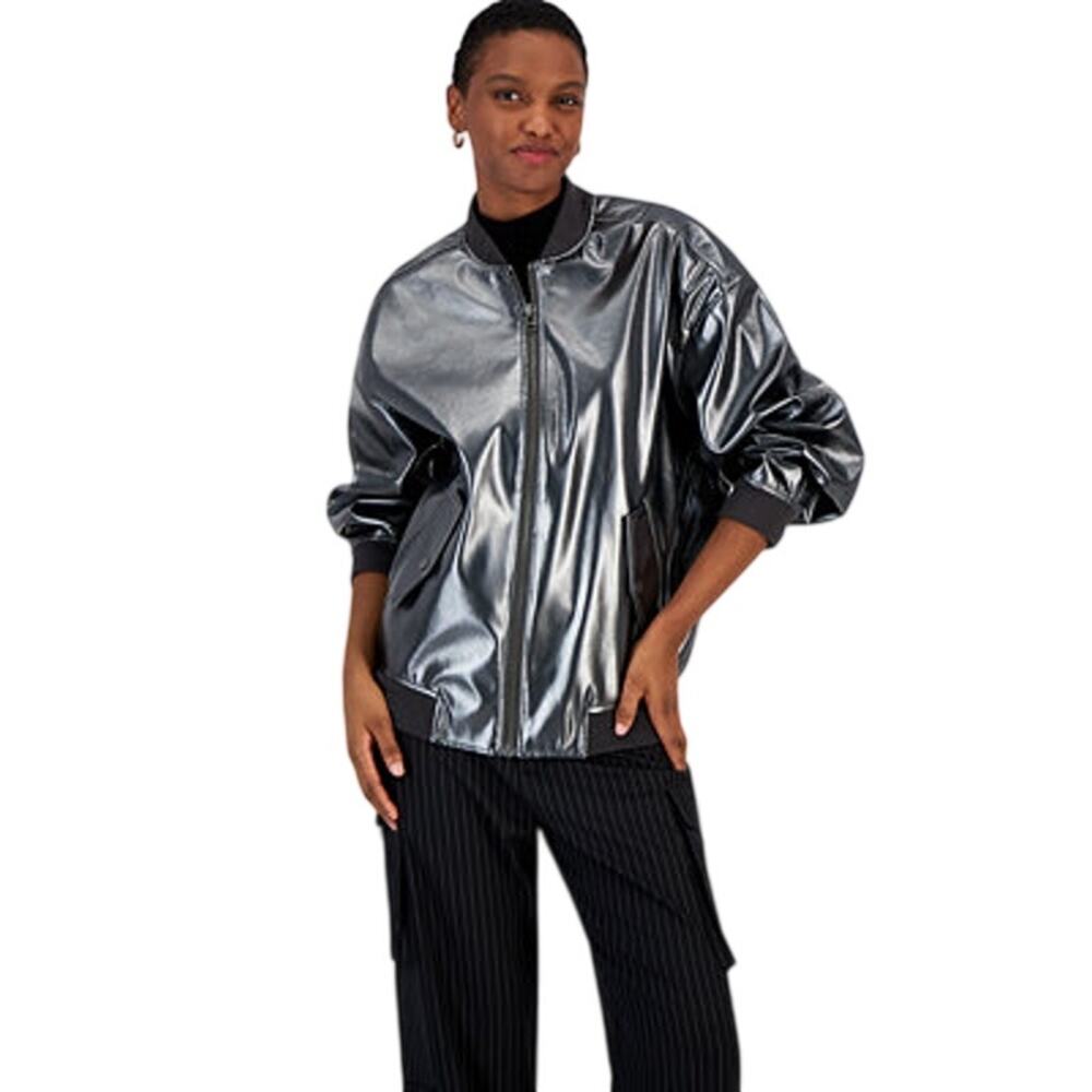 Bar III Women's Foil Faux-Leather Bomber Jacket in Silver